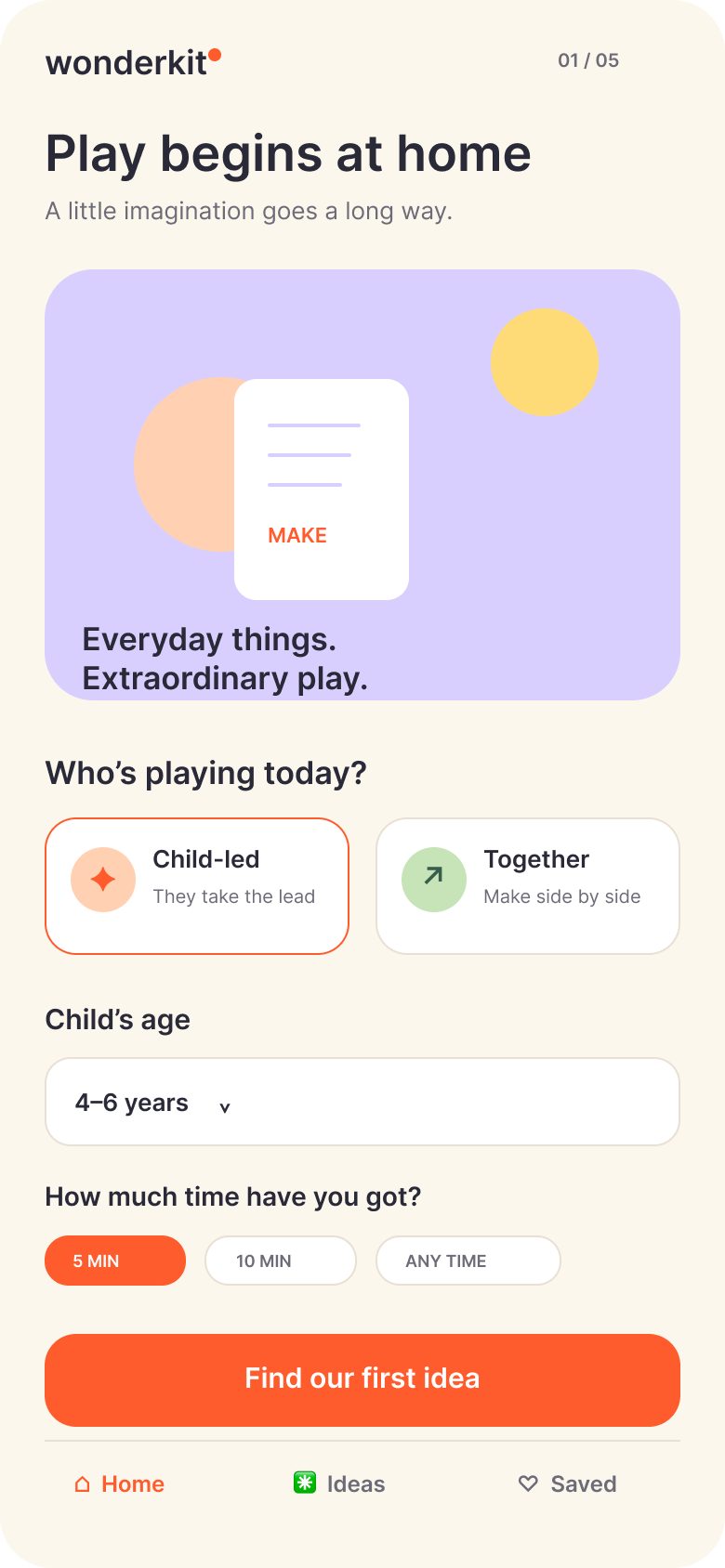 Supplied Wonderkit concept screen for play mode, child’s age and available time