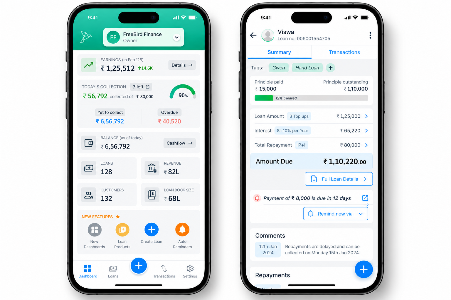 Two iPhone mockups showing the FreeBird Finance app: the lender dashboard with earnings, collection progress, balance and loan counters, and the loan detail view with repayment summary, amount due and reminder actions