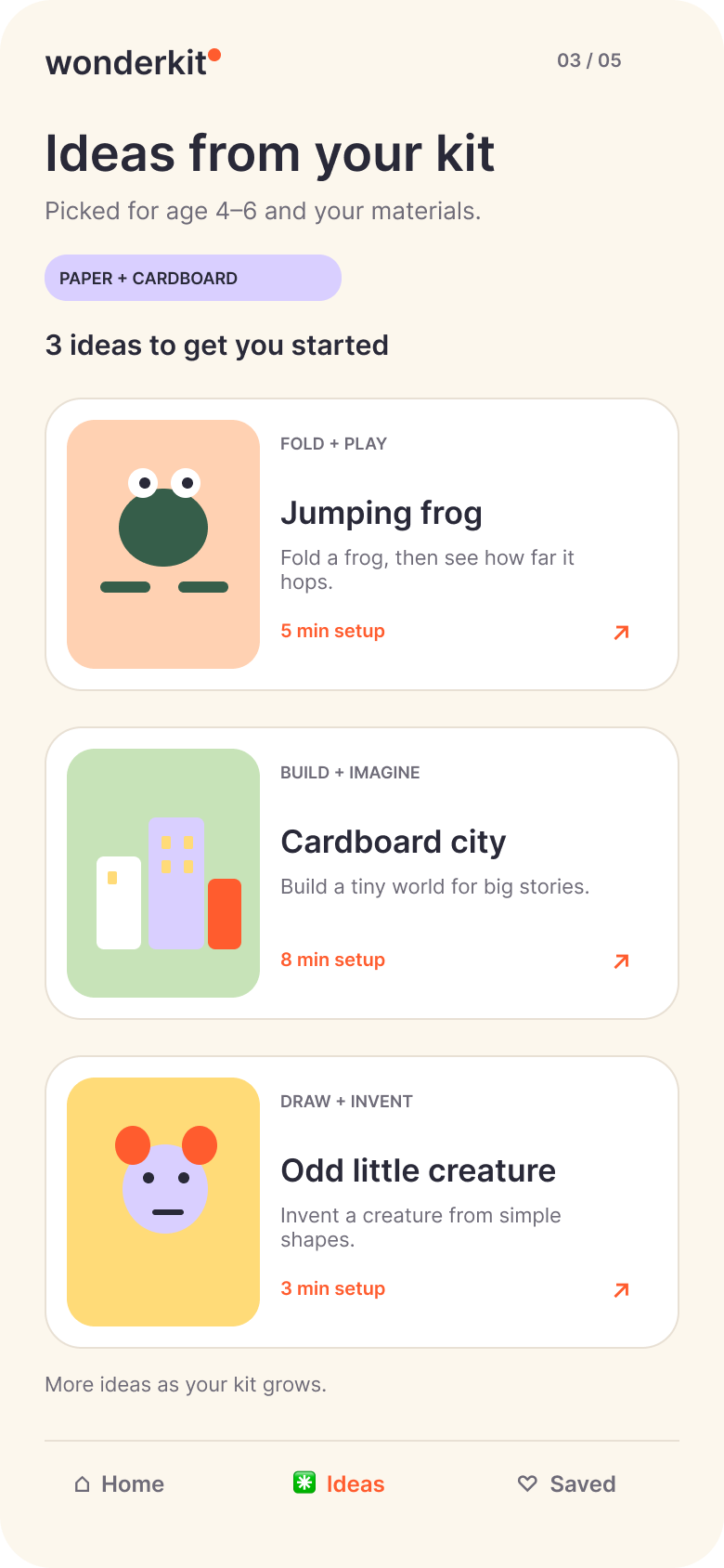 Supplied activity discovery screen showing a jumping frog, cardboard city and little creature
