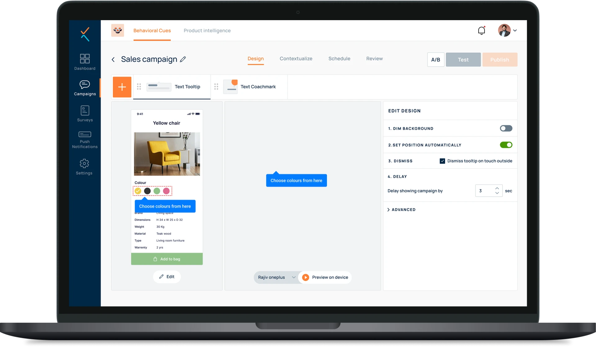Apxor campaign builder shown on a laptop: the Design step with nudge type selector, mobile preview of a text tooltip, and Edit Design panel for behaviour settings.