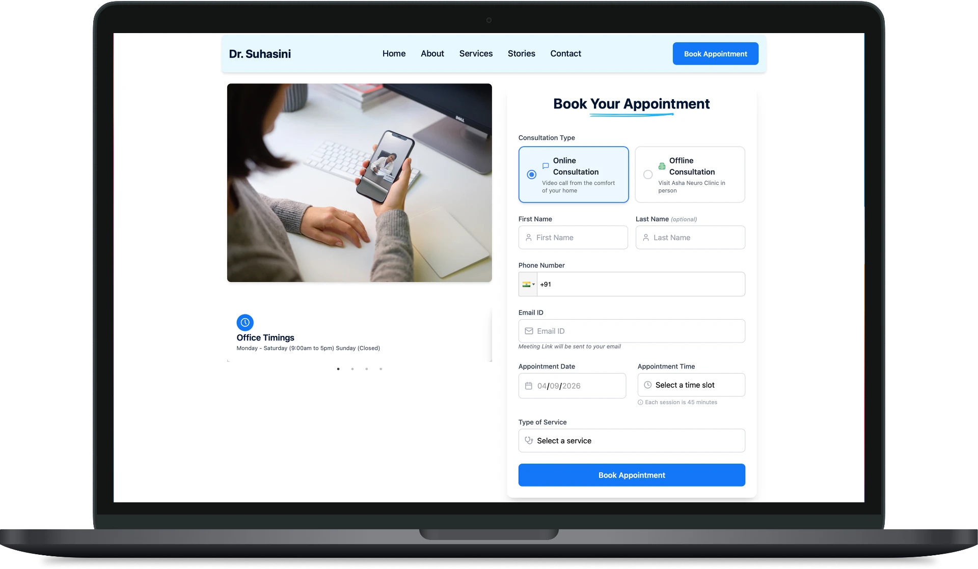 Dr. Suhasini website and appointment booking page shown on a laptop: online or in-clinic consultation choice, patient details, date and time slot, and service selection.
