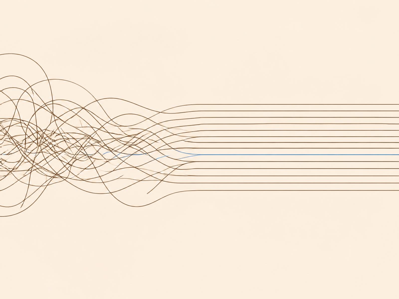 Tangled lines resolving into ordered parallel lines — complexity becoming clarity