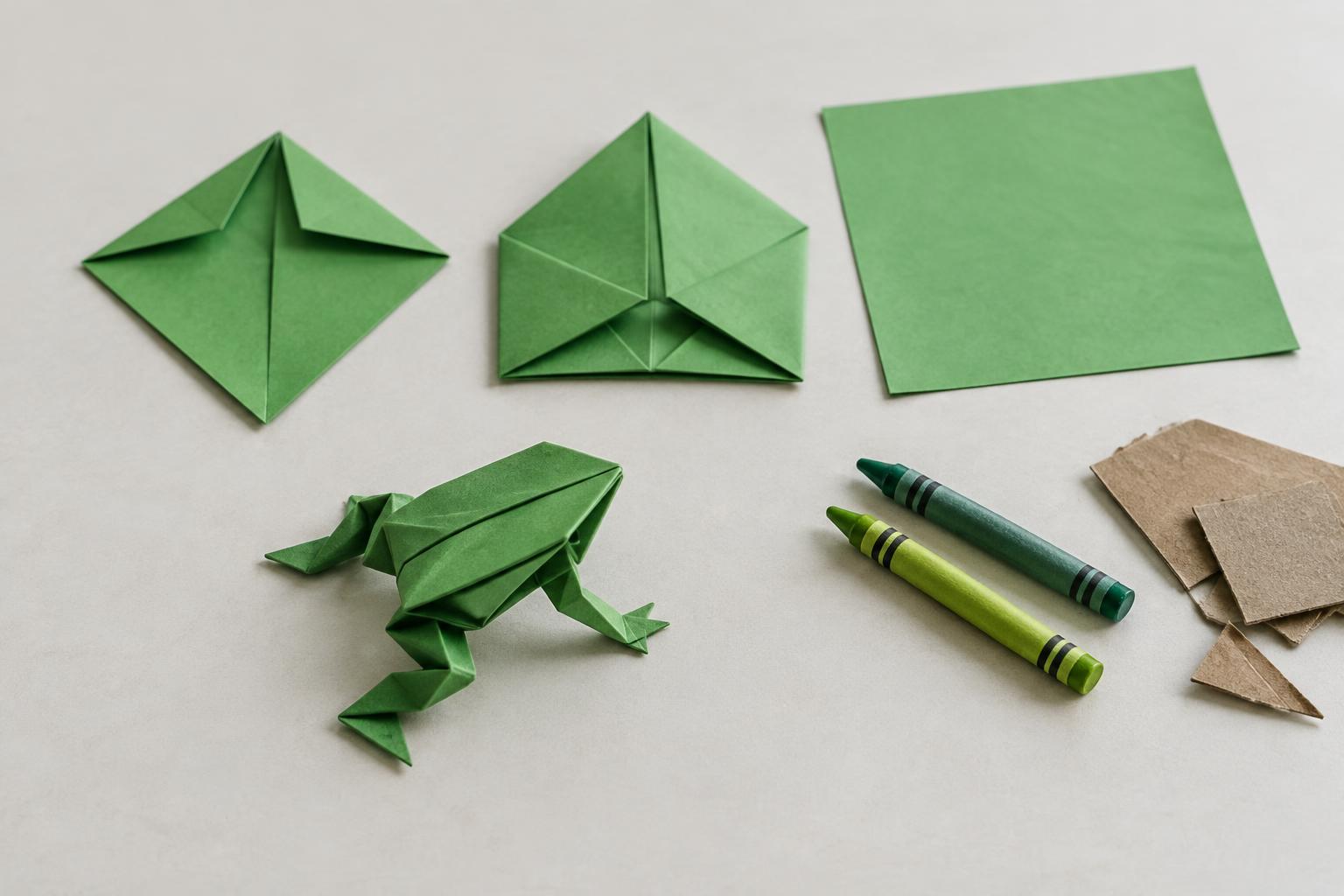 Green folded paper, a concept origami frog, crayons and cardboard scraps on a tabletop — generated illustration