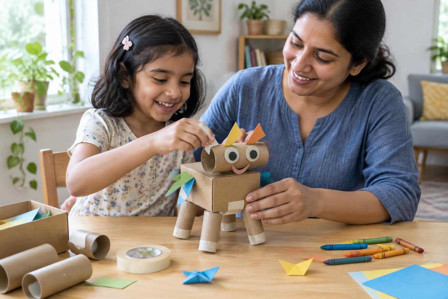 Caregiver and child assembling a creature from recycled cardboard — generated concept illustration.